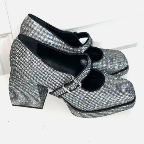 GIANNI BINI GLITTER MARY JANE 2 NIGHT PLATFORM PUMPS NWOT SIZE 9 - Picture 3 of 12